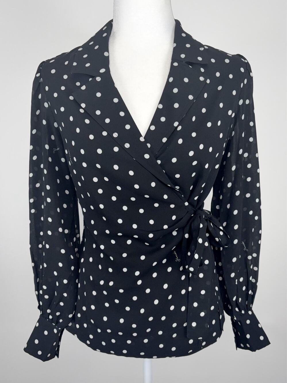 Ganni Polka Dot Printed Light Crepe Long Puff Sleeve Wrap Top Size 36 US Small 4
